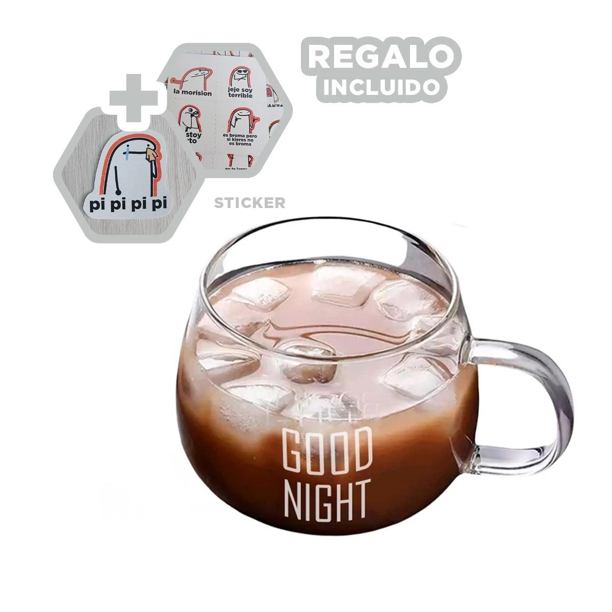 VASO DE VIDRIO 350 ML TRANSPARENTE ESTILO FRASE GOOD NIGHT Y+REGALO STICKER - 1