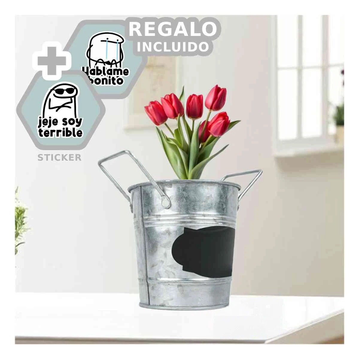 SET MACETERO RYBIU HO32310 METAL PLATEADO FLORES CUBO + REGALO STICKERS - 1