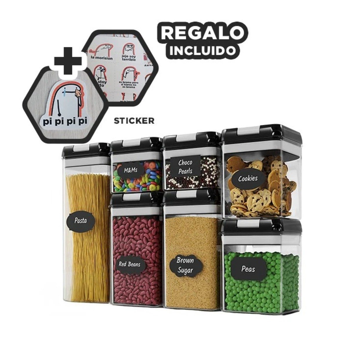 SET CONTENEDORES RYBIU CO30377 NEGRO ENVASES 7 COMIDA TAPA NEGRA + REGALO STICKERS - 1
