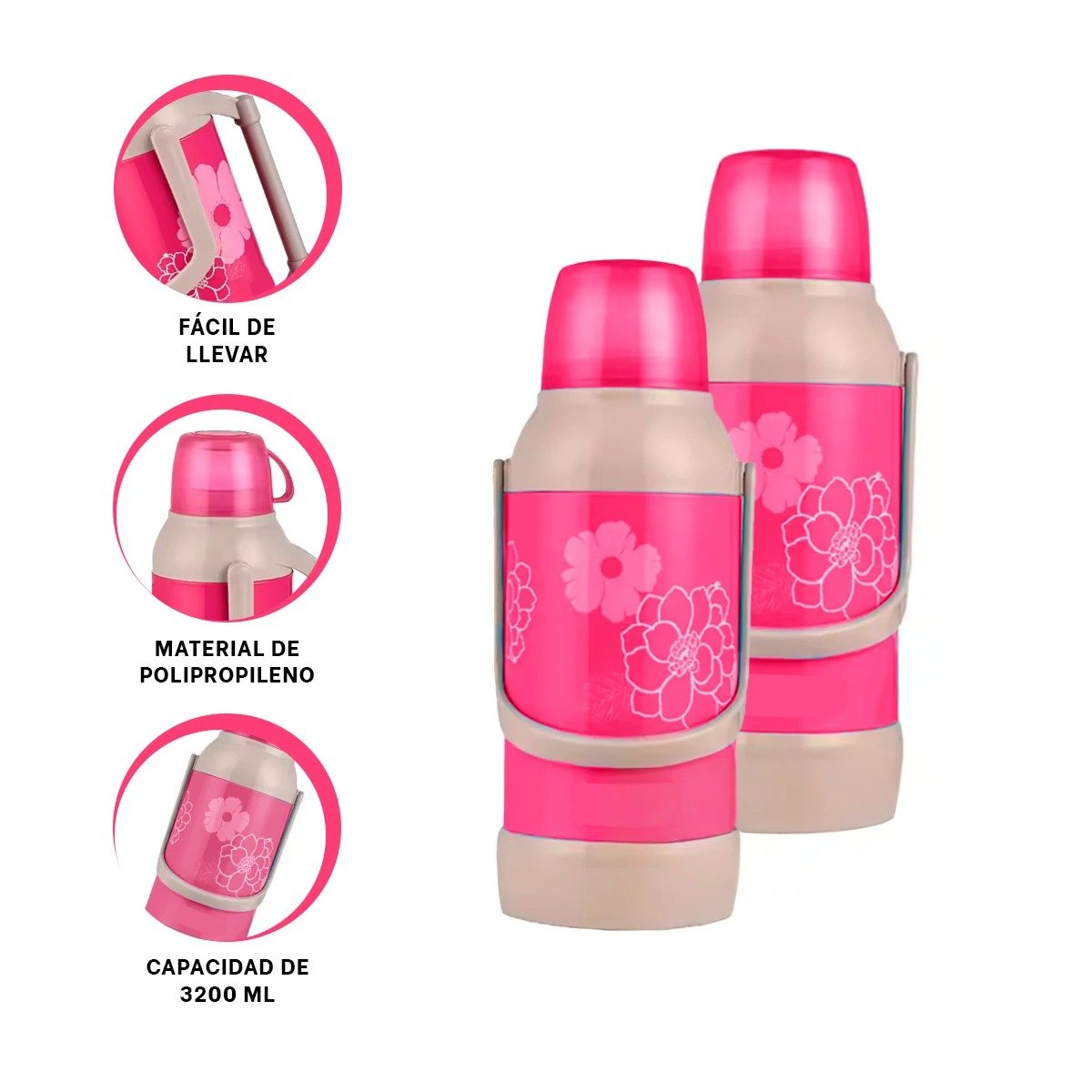 TERMO RYBIU CO32279 ACERO 3200ML FLORES FUNCIONAL ROSADO - 3