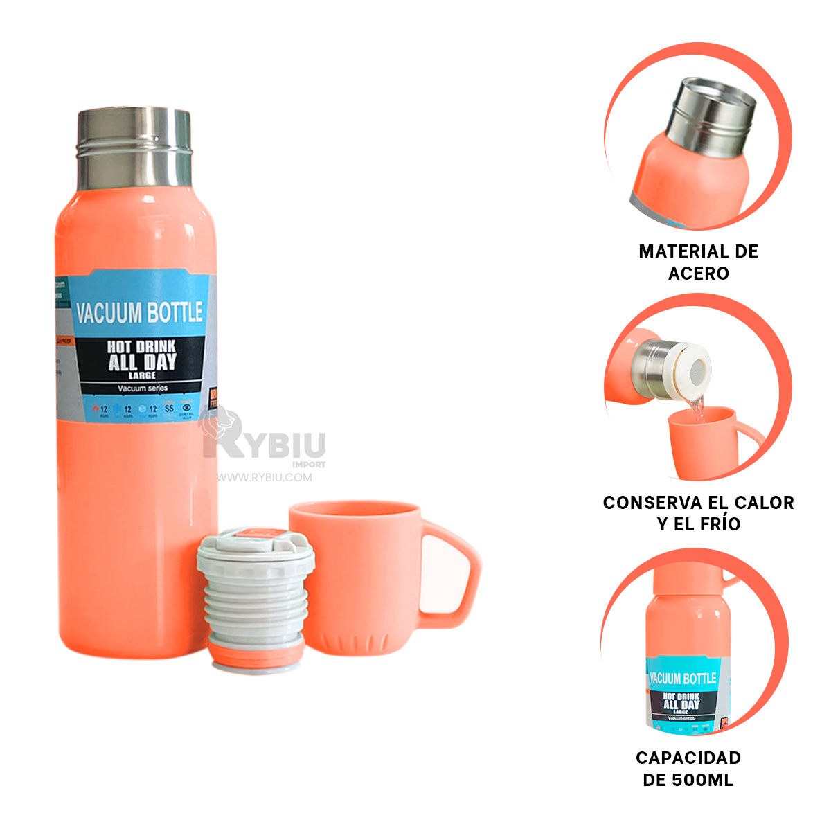 TERMO RYBIU CO32129 ACERO IDEAL EL CALOR NARANJA 500ML + REGALO AGENDITA - 3