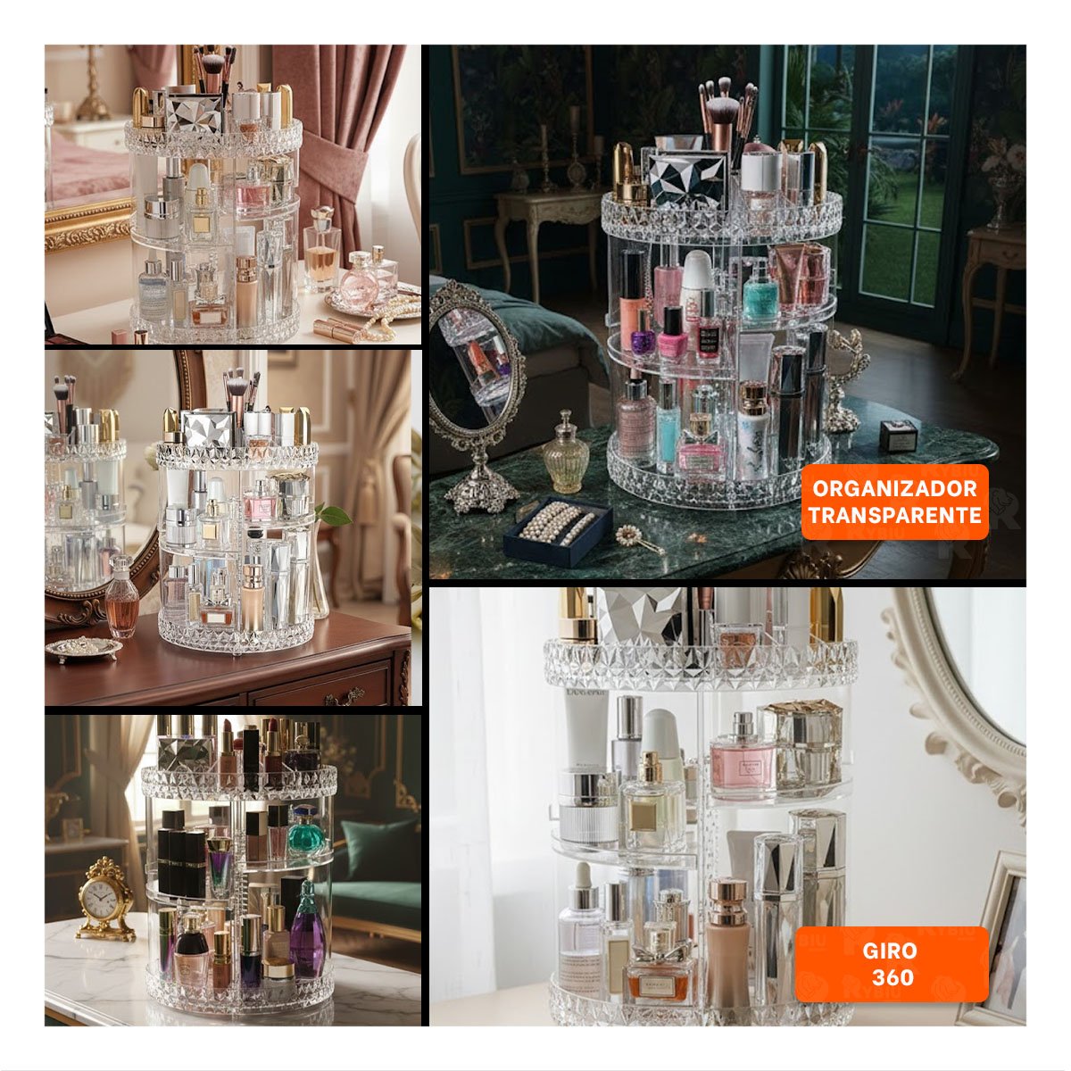 ORGANIZADOR RYBIU BE30333 TRANSPARENTE SOPORTE MAQUILLAJE GRANDE 360° + POST-IT ADHESIVOS - 1