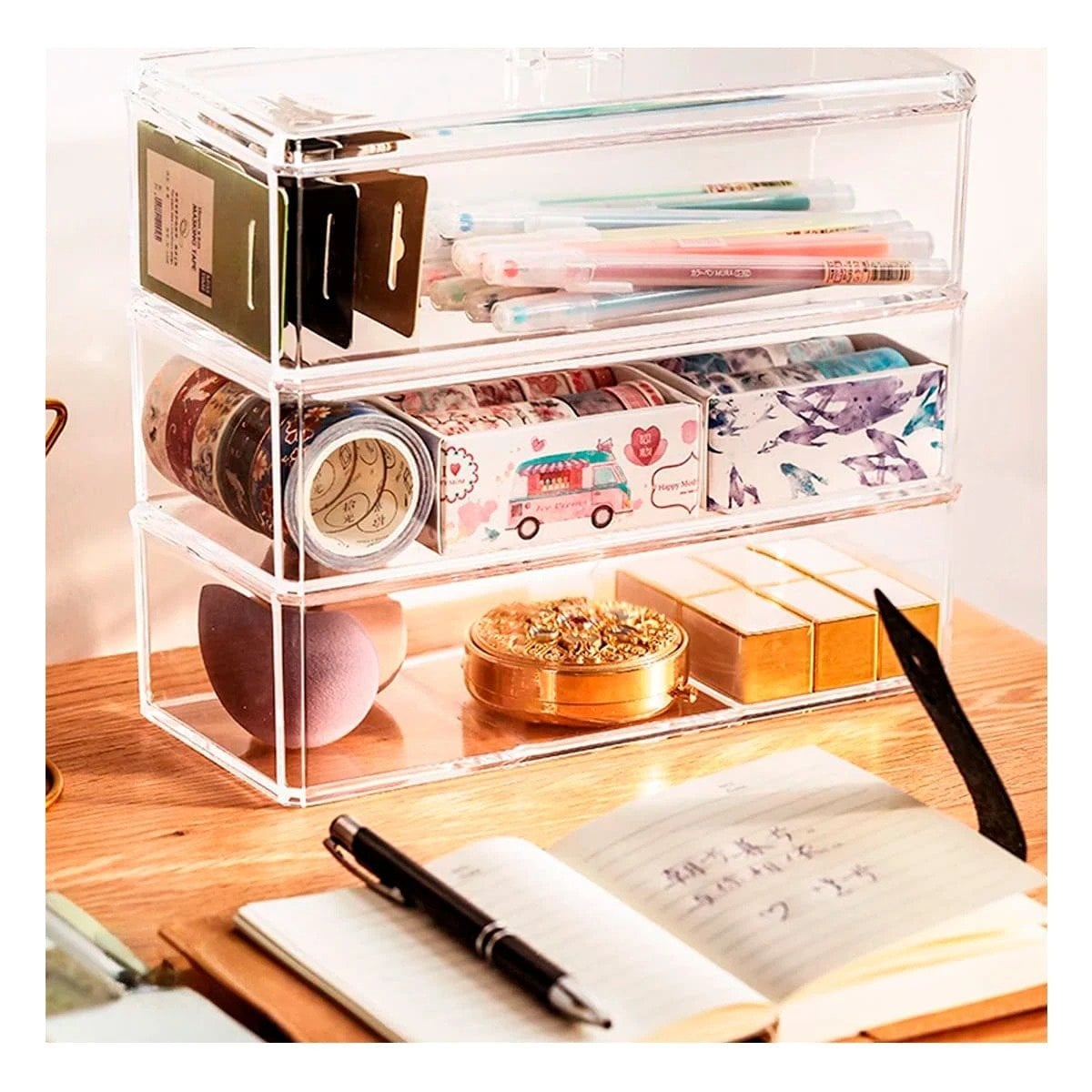 ORGANIZADOR RYBIU 8053 TRANSPARENTE COFRE TRIPLE DIVISION + POST-IT ADHESIVOS - 1