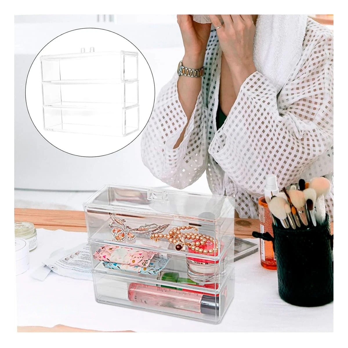 ORGANIZADOR RYBIU 8053 TRANSPARENTE COFRE TRIPLE DIVISION + POST-IT ADHESIVOS - 2