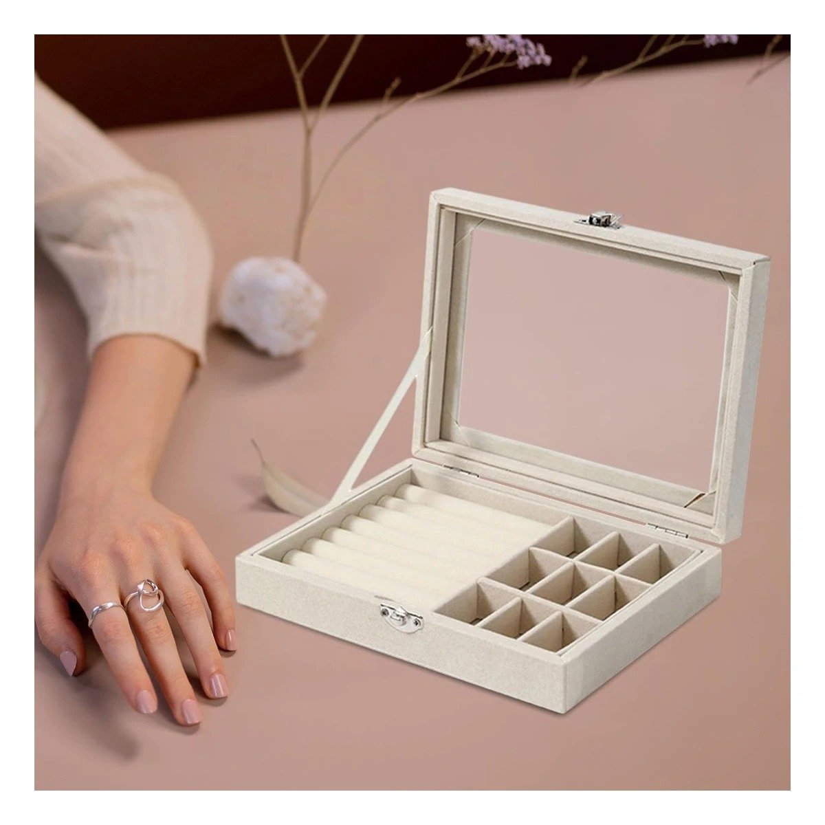SET JOYERO RYBIU BE32249 TERCIOPELO BEIGE ESTUCHE CUERO JOYAS + POST-IT ADHESIVOS - 2