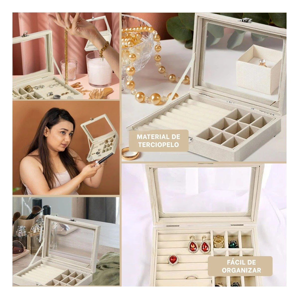 SET JOYERO RYBIU BE32249 TERCIOPELO BEIGE ESTUCHE CUERO JOYAS + POST-IT ADHESIVOS - 5