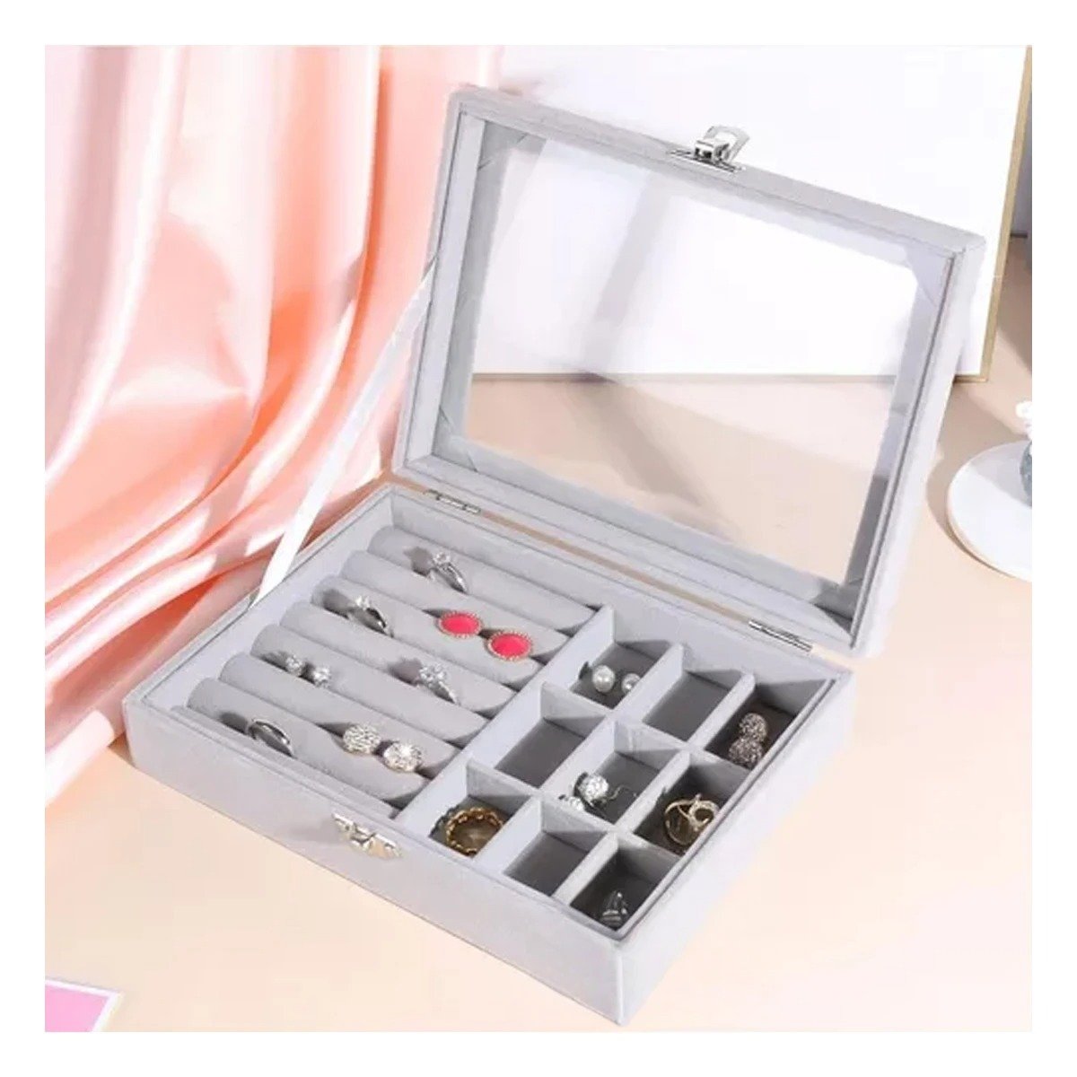 SET JOYERO RYBIU BE32250 TERCIOPELO GRIS ESTUCHE CUERO JOYAS + POST-IT ADHESIVOS - 1