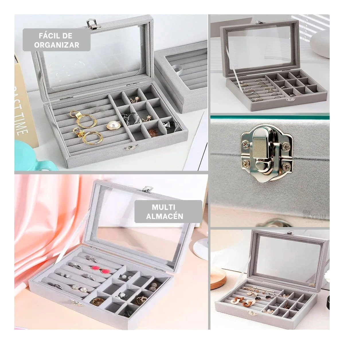SET JOYERO RYBIU BE32250 TERCIOPELO GRIS ESTUCHE CUERO JOYAS + POST-IT ADHESIVOS - 5