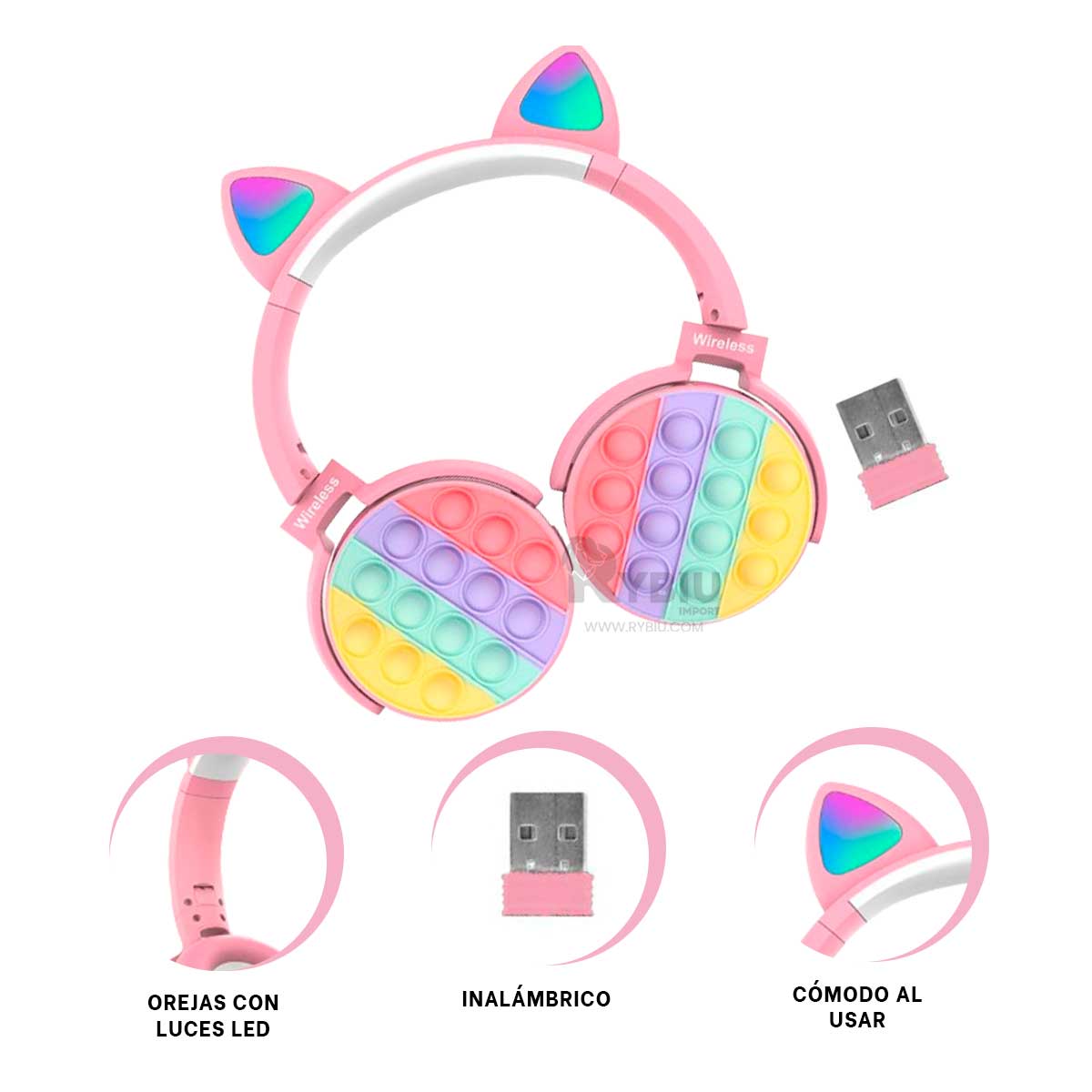 AURICULARES RYBIU INALÁMBRICO TE29203 POP IT FELINO ROSADO + BANDERITAS ADHESIVAS - 1