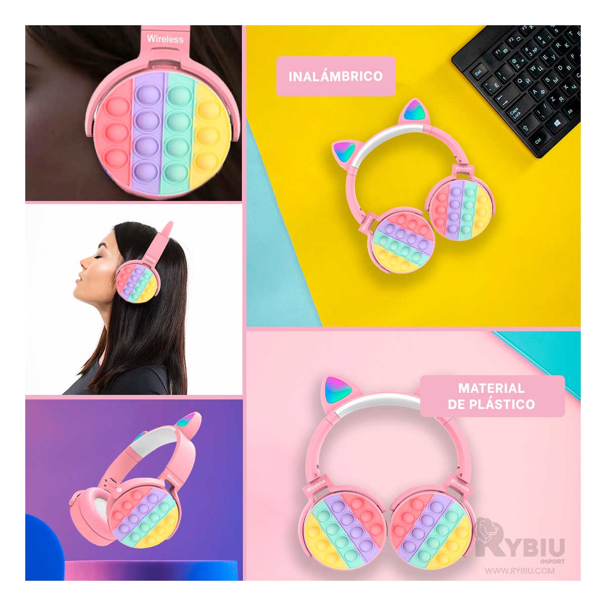 AURICULARES RYBIU INALÁMBRICO TE29203 POP IT FELINO ROSADO + BANDERITAS ADHESIVAS - 4