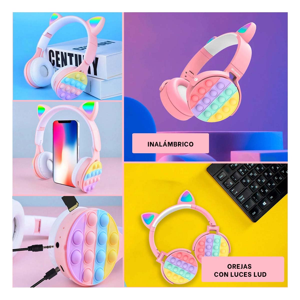 AURICULARES RYBIU INALÁMBRICO TE29203 CON OREJAS CAT COLOR ROSADO + POST-IT ADHESIVOS - 5
