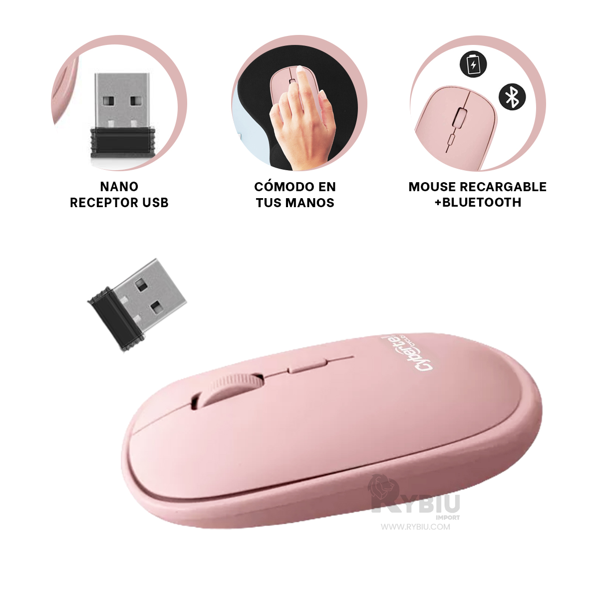 MOUSE INALÁMBRICO RYBIU COMPACTO M500-3M EN COLOR ROSADO + REGALO AGENDITA - 2