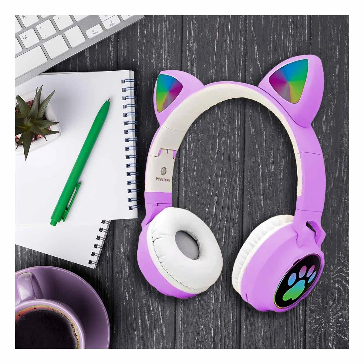 AUDÍFONOS RYBIU TE31552 CON TEMATICA GATO Y CON LUCES EN TONO MORADO - 1