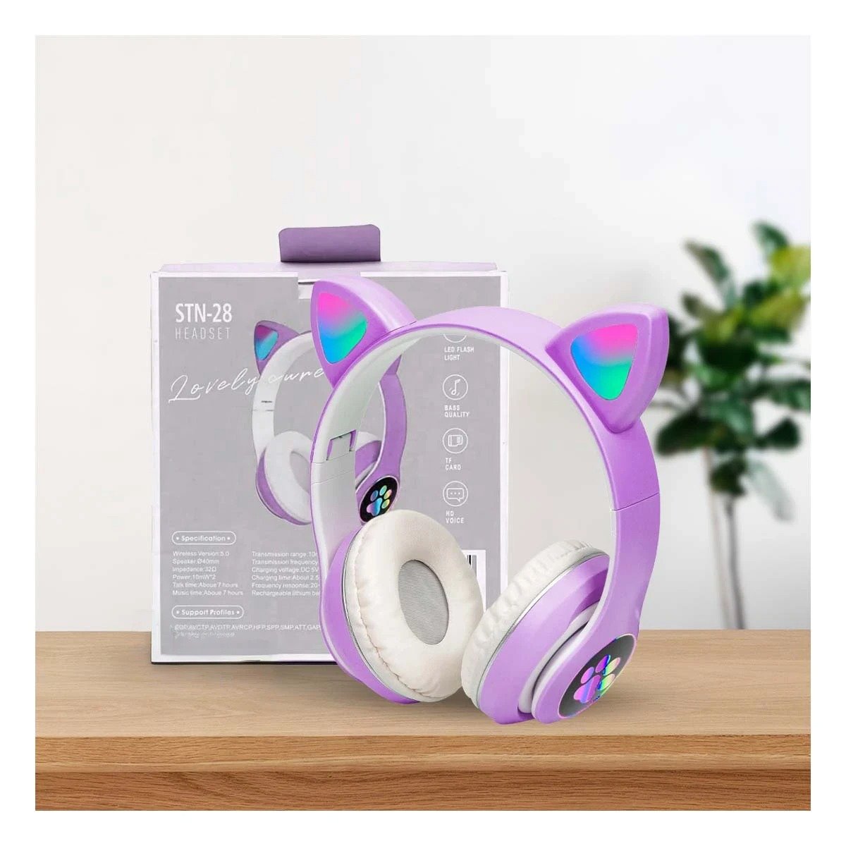 AUDÍFONOS RYBIU TE31552 CON TEMATICA GATO Y CON LUCES EN TONO MORADO - 2
