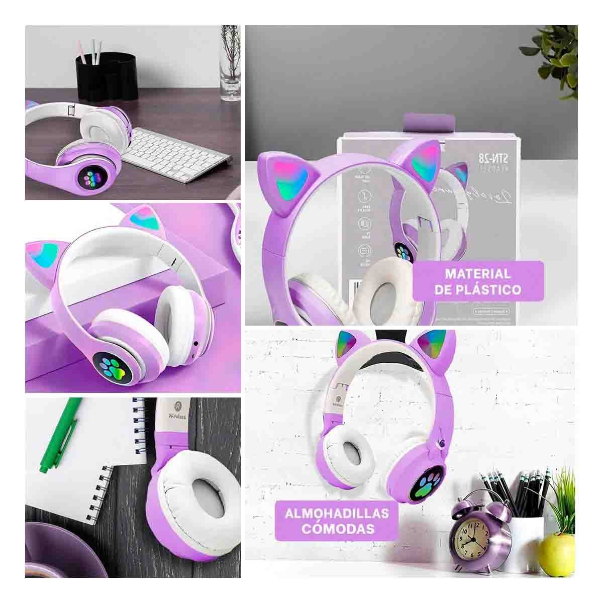 AUDÍFONOS RYBIU TE31552 CON TEMATICA GATO Y CON LUCES EN TONO MORADO - 5
