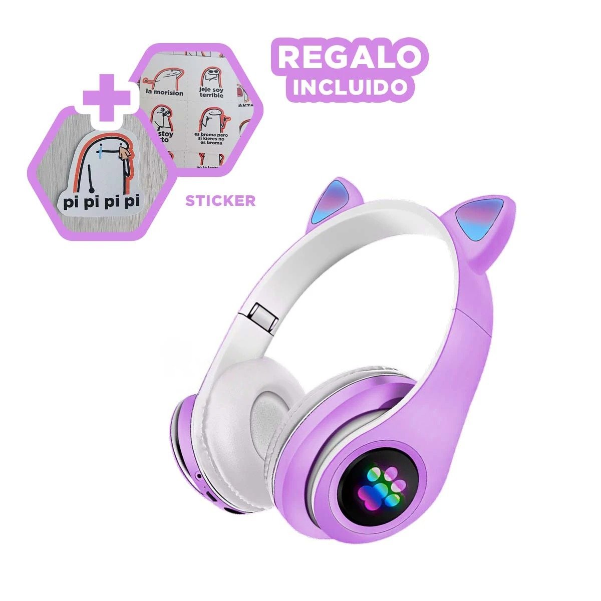 AUDÍFONOS RYBIU TE31552 FORMA GATO EN COLOR MORADO + REGALO STICKERS - 1