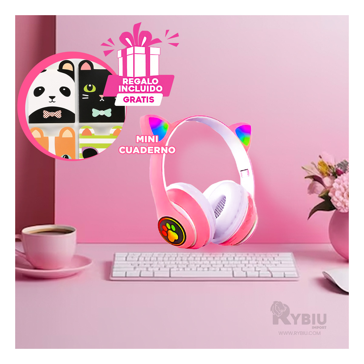 AUDÍFONOS RYBIU TE31551 TIPO GATO EN COLORACION FUCSIA + REGALO AGENDITA - 1