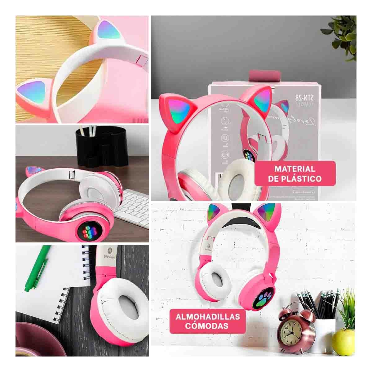 AUDÍFONOS RYBIU TE31551 CON LUCES FORMA GATO FUCSIA + PAPEL REGALO - 5