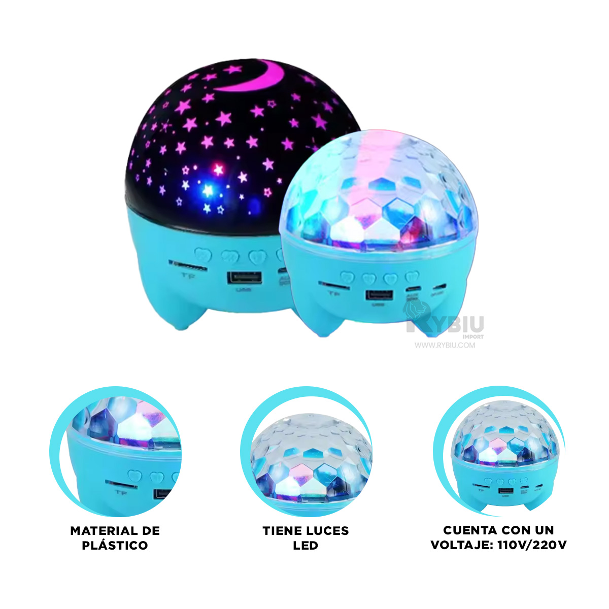 BOCINA PROYECTOR BLUETOOTH RYBIU TE30272 ADAPTABLE PRACTICO CELESTE + REGALO AGENDITA - 3