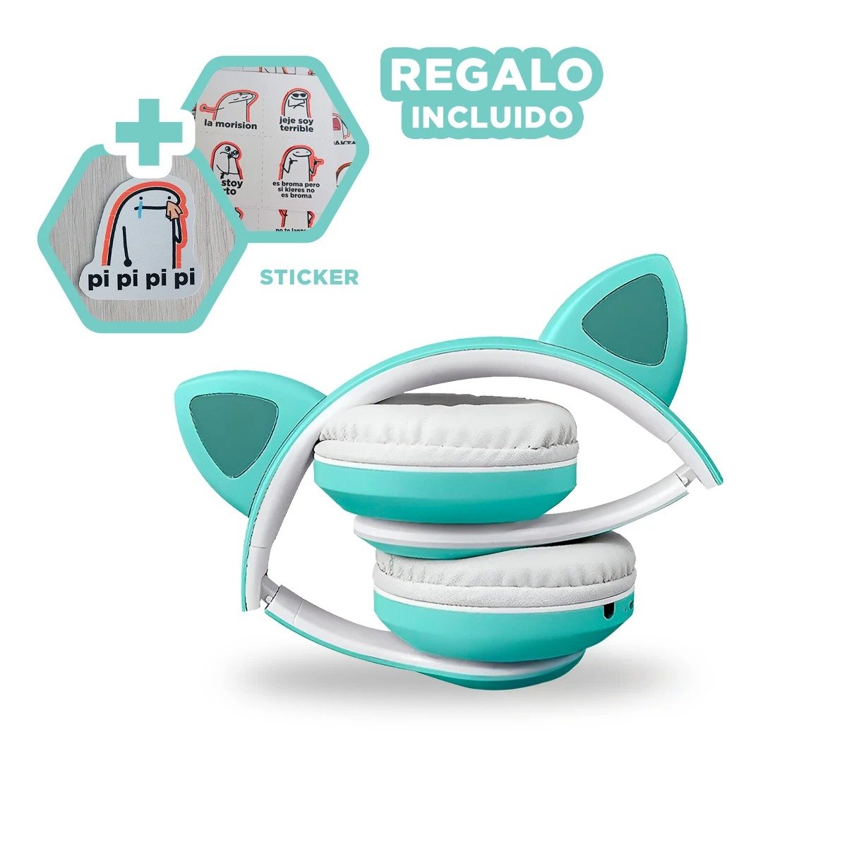 AUDÍFONOS RYBIU TE31557 FORMA GATO EN COLOR VERDE + REGALO STICKERS - 1