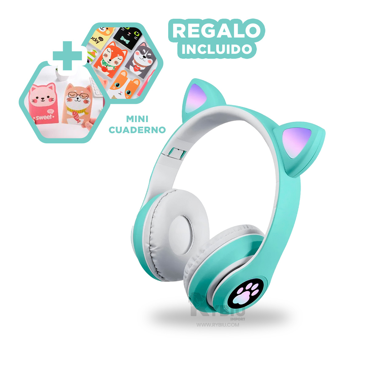 AUDÍFONOS RYBIU TE31557 TIPO GATO EN COLOR VERDE + REGALO AGENDITA - 4