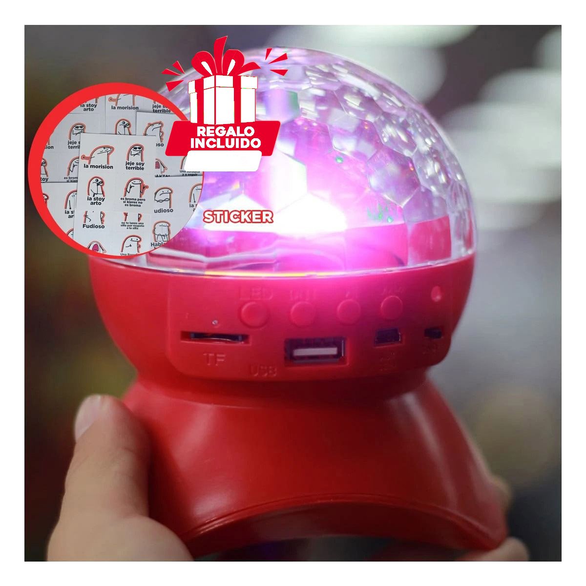 BOCINA PROYECTOR BLUETOOTH RYBIU TE30277 REFLECTOR VERSATIL DURABLE COLOR ROJO + REGALO STICKERS - 1
