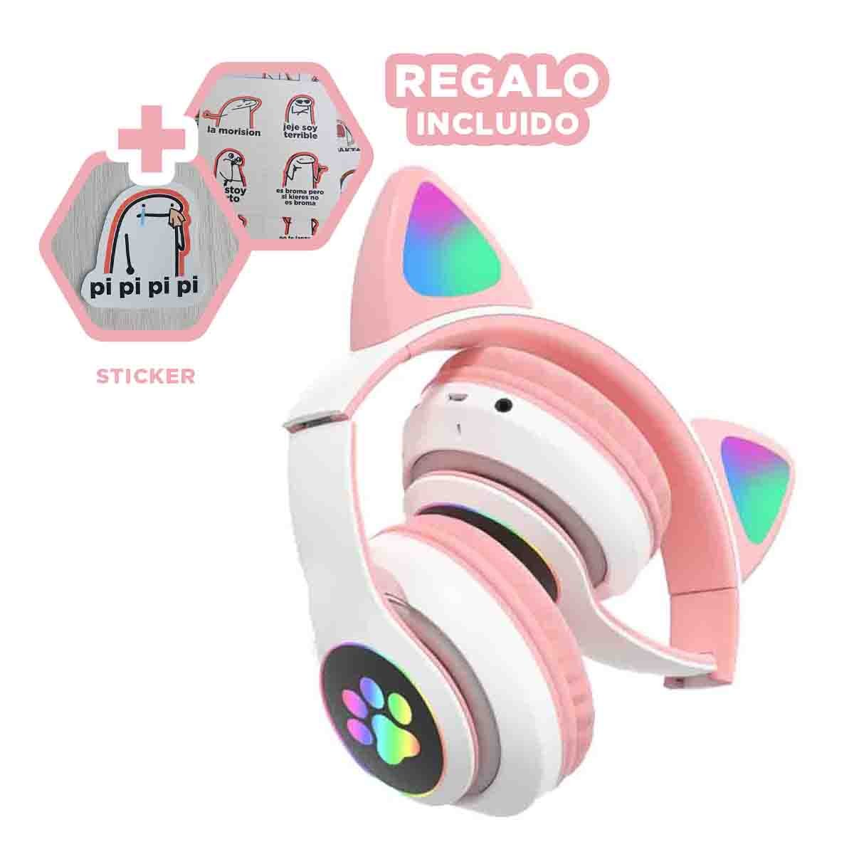 AUDÍFONOS RYBIU TE31556 FORMA GATO EN COLOR ROSADO + REGALO STICKERS - 1