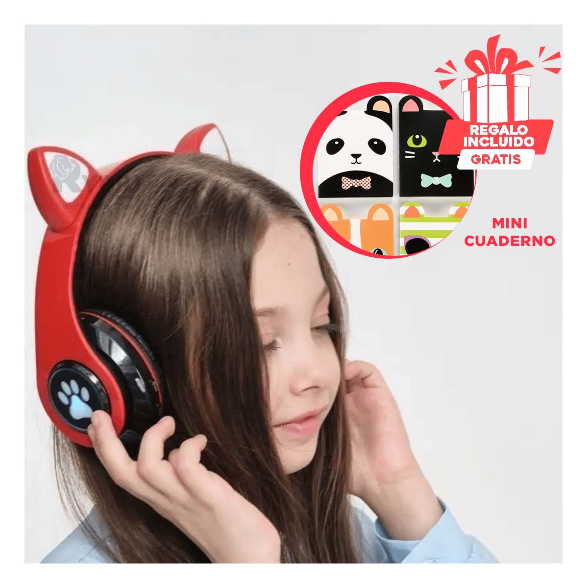AUDÍFONOS RYBIU TE31555 TIPO GATO EN COLOR ROJO + REGALO AGENDITA - 1