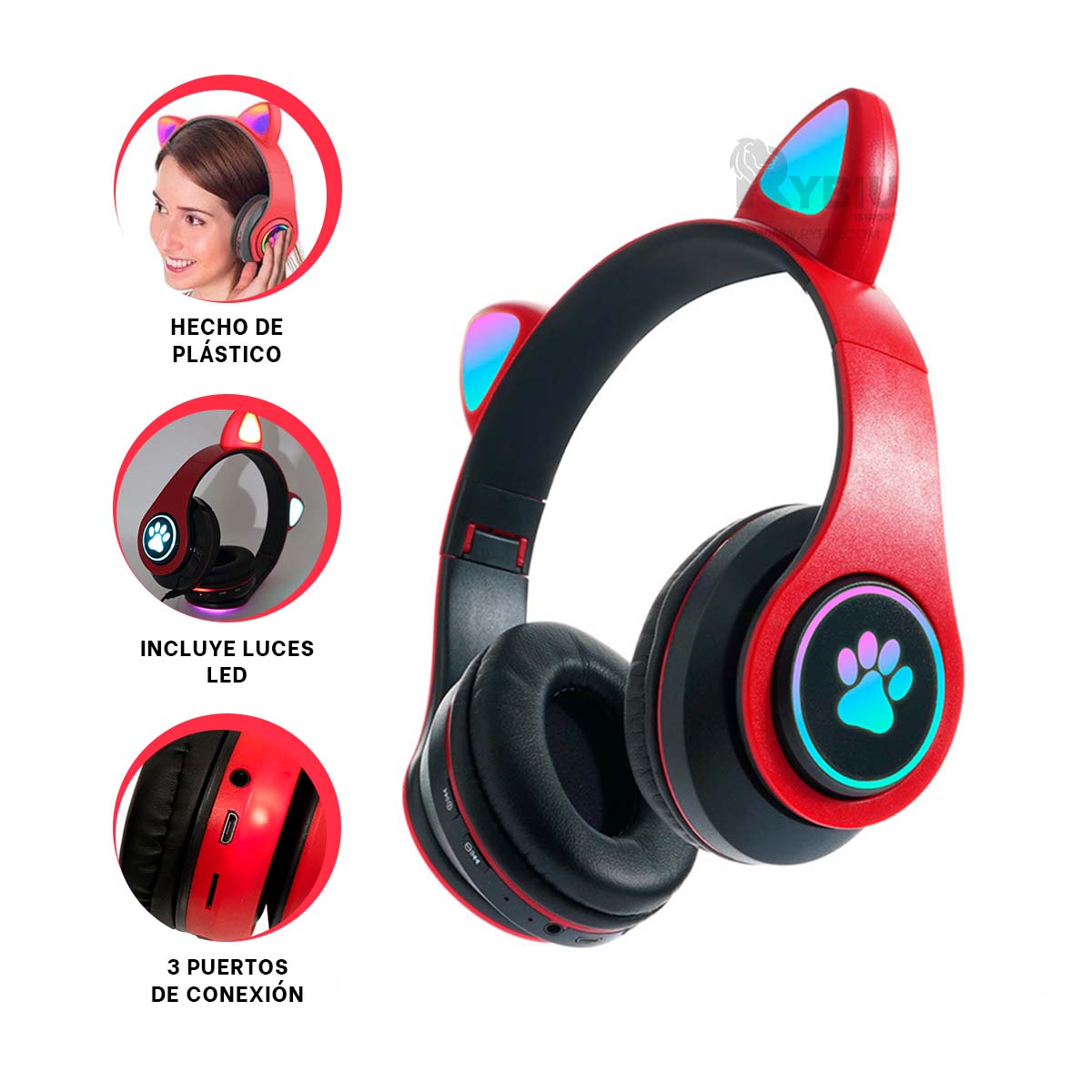 AUDÍFONOS RYBIU TE31555 TIPO GATO EN COLOR ROJO + REGALO AGENDITA - 4