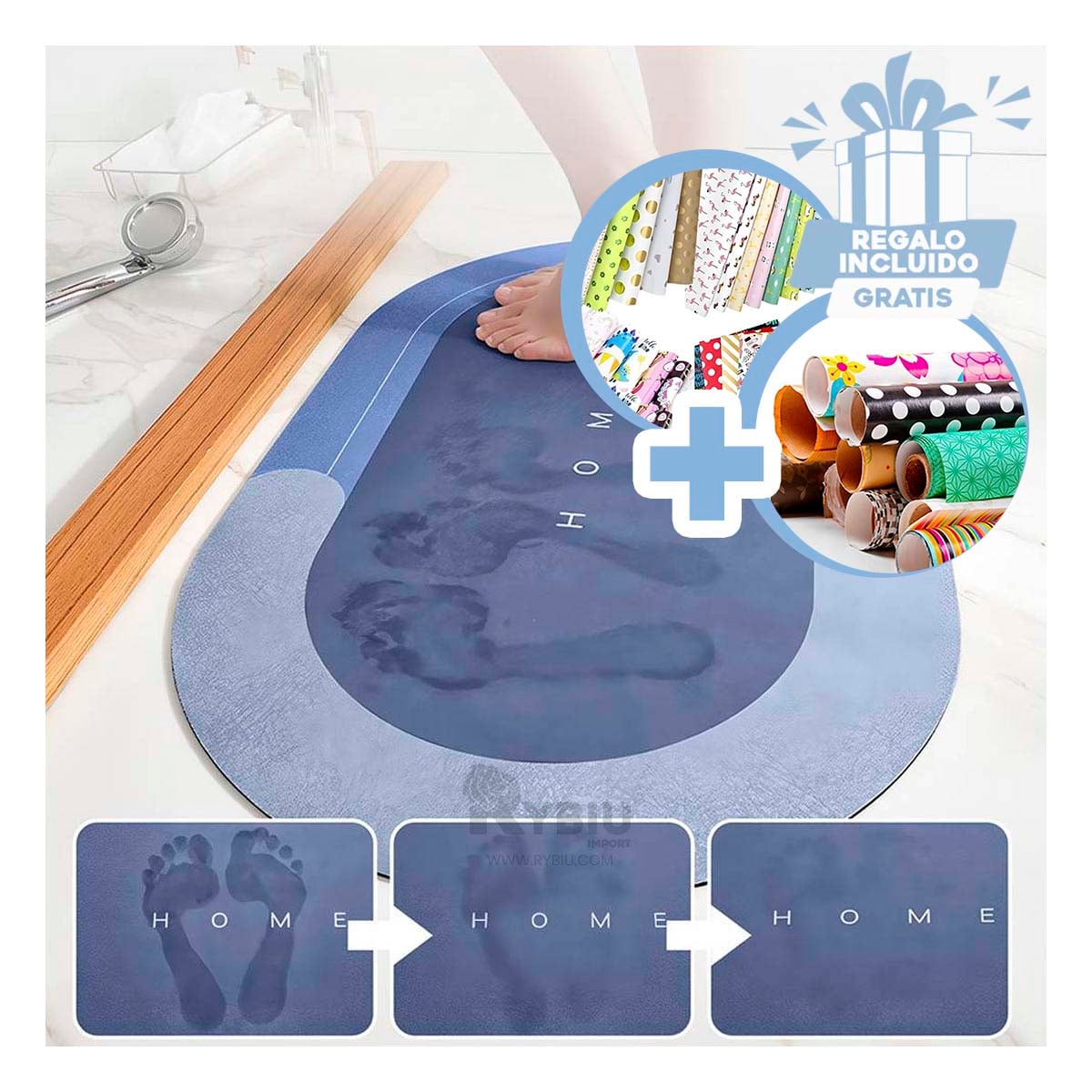 PISO BAÑO RYBIU HO29296 AZUL ACERO TAPETE MODERNO PERFECTO + PAPEL REGALO - 1