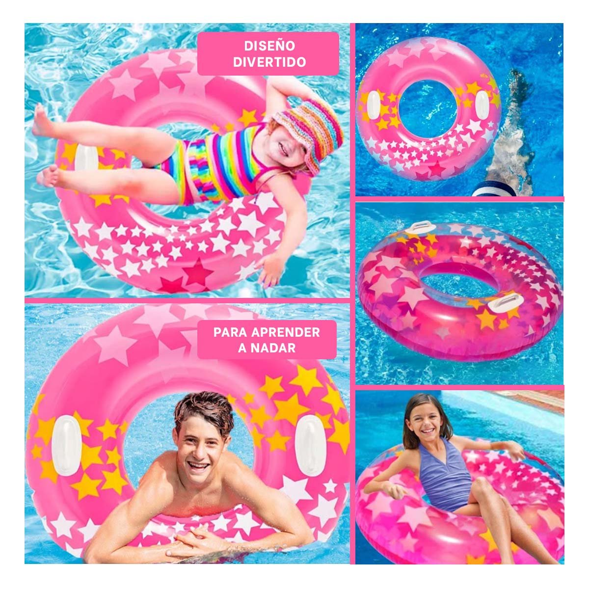 ARO FLOTANTE ROSADO CON ASA Y DIBUJOS DE ESTRELLA PARA PISCINA EN CASA Y+POST IT - 1