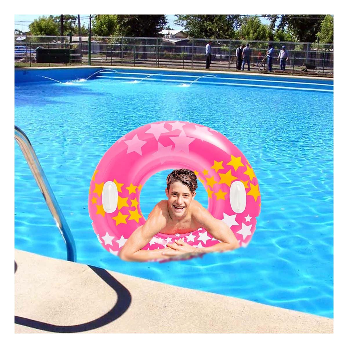 ARO FLOTANTE ROSADO CON ASA Y DIBUJOS DE ESTRELLA PARA PISCINA EN CASA Y+POST IT - 2