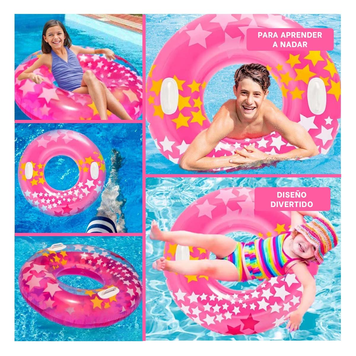 ARO FLOTANTE ROSADO CON ASA Y DIBUJOS DE ESTRELLA PARA PISCINA EN CASA Y+POST IT - 5
