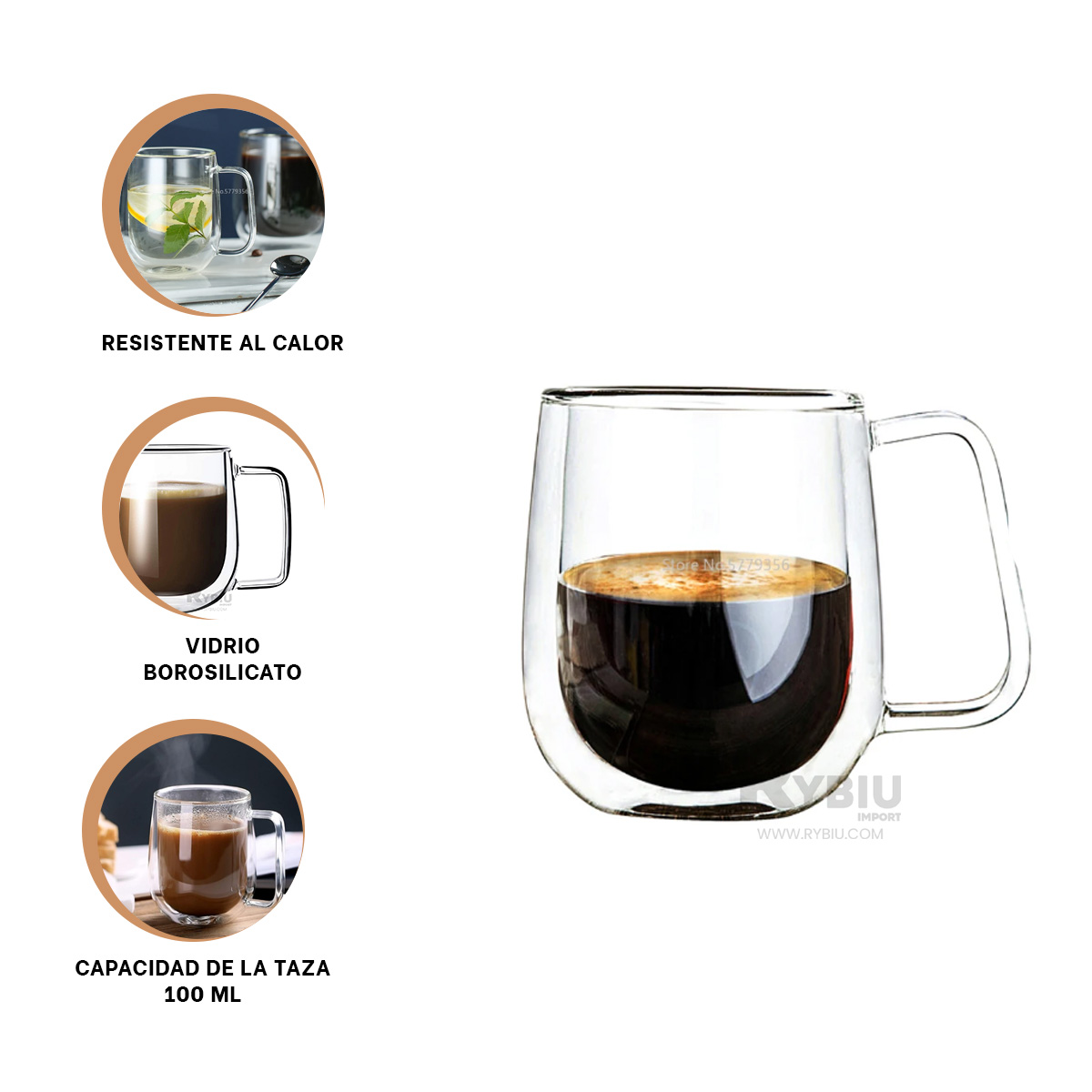 VASO ESPRESSO DOBLE CAPA 100 ML DE COLOR TRANSPARENTE CON ASA CUADRADA - 6