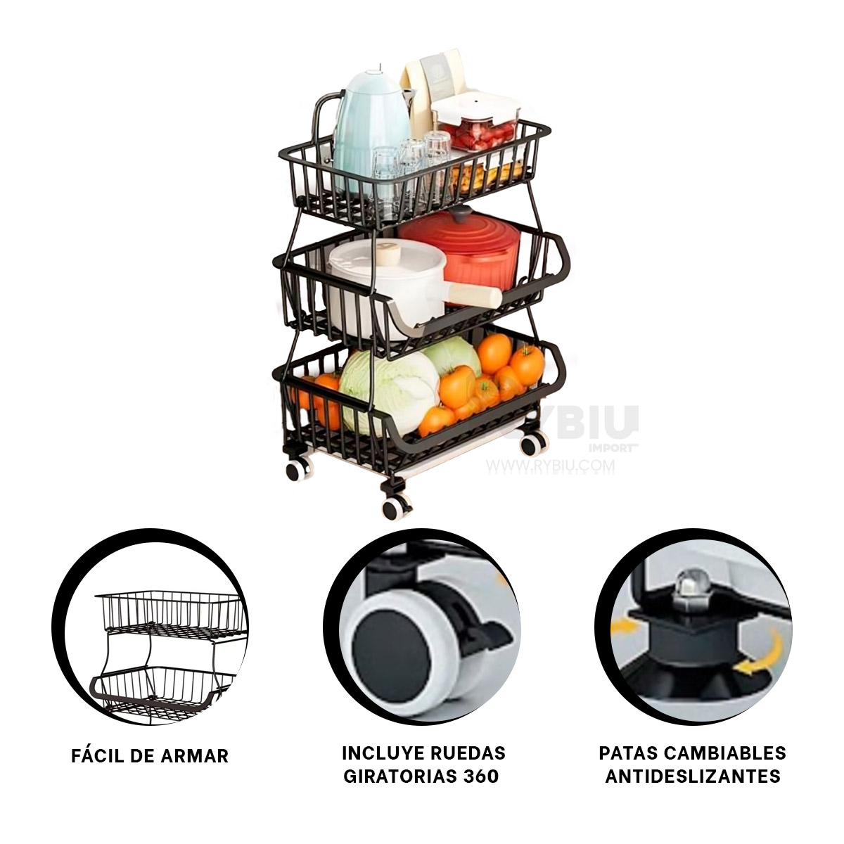 CONTENEDOR RYBIU HO29688 NEGRO FACIL ARMADO + REGALO LIGAS PEINAR - 3