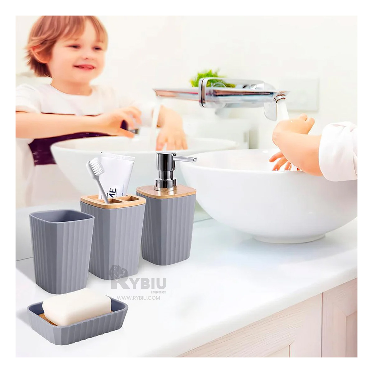 SET RYBIU HO29447 6 PIEZAS FUNCIONAL BAÑO GRIS + ENVOLTORIO DE REGALO - 1