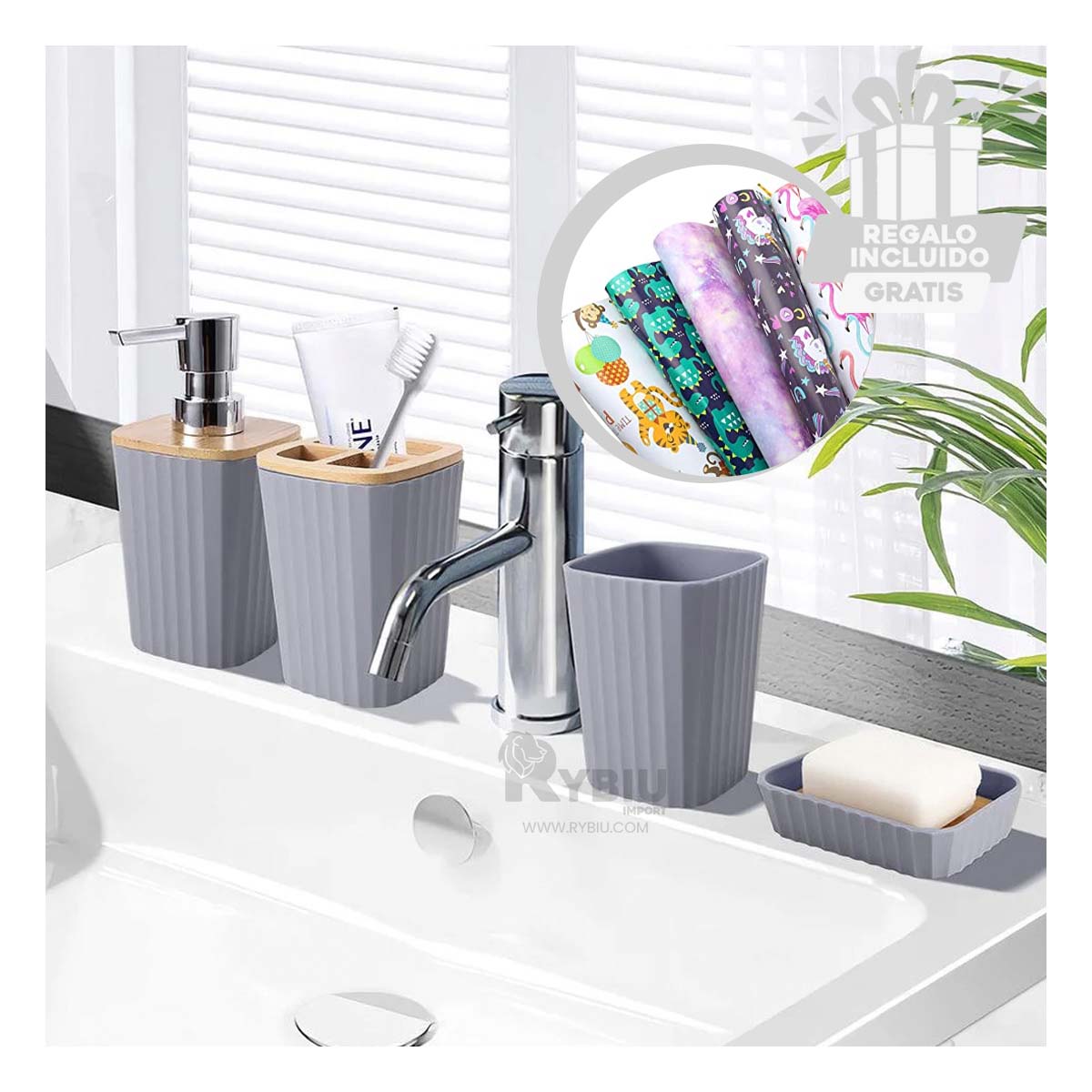 SET RYBIU HO29447 6 PIEZAS FUNCIONAL BAÑO GRIS + ENVOLTORIO DE REGALO - 3