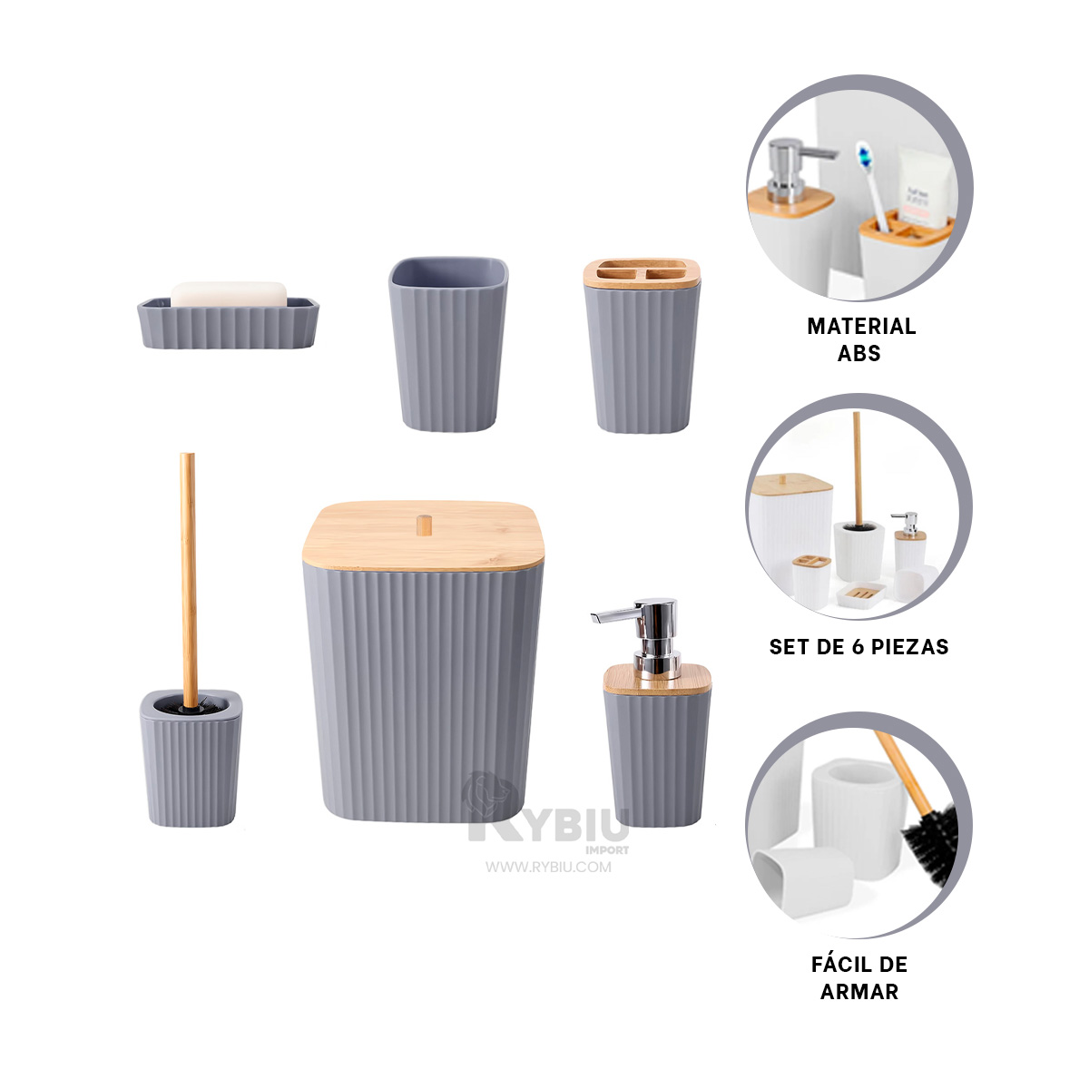 SET RYBIU HO29447 6 PIEZAS FUNCIONAL BAÑO GRIS + ENVOLTORIO DE REGALO - 4