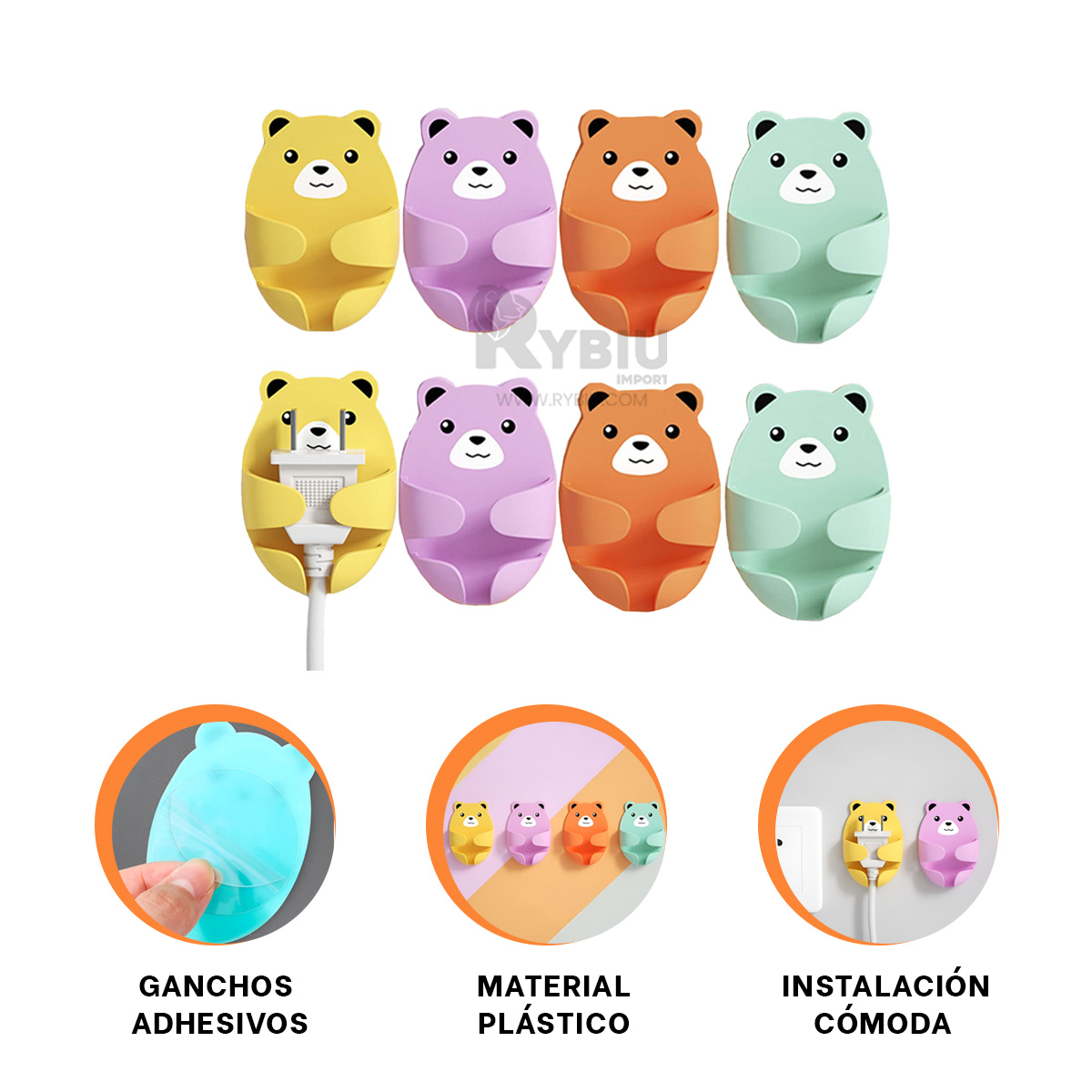 PACK 4 SOPORTES RYBIU HO29721 MULTICOLOR RESISTENTE GANCHOS + REGALO STICKERS - 3