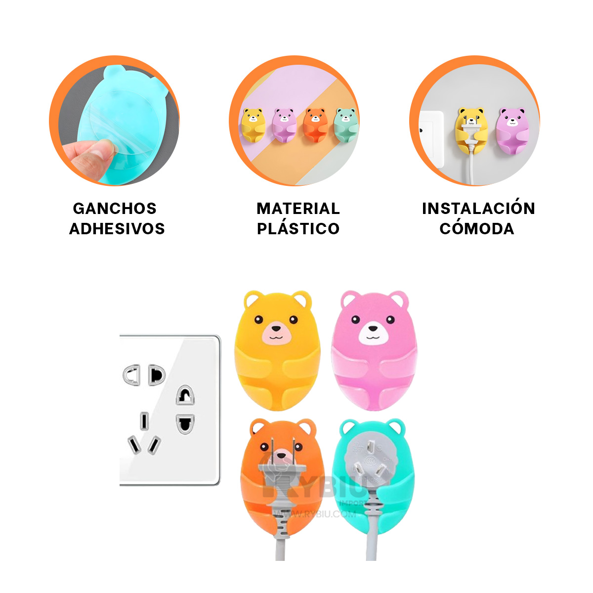 PACK 4 SOPORTES RYBIU HO29721 MULTICOLOR RESISTENTE GANCHOS + REGALO STICKERS - 4