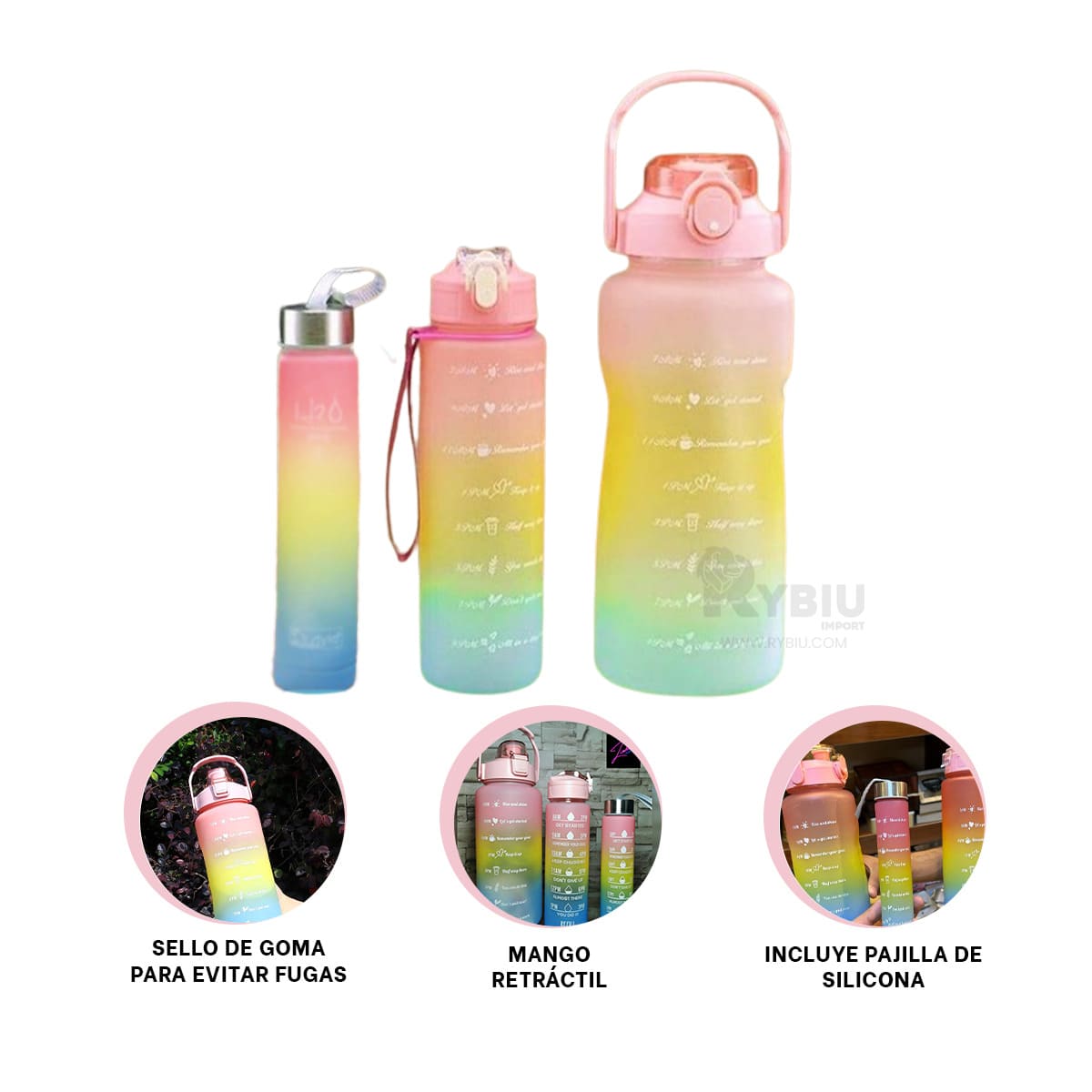 BOTELLA RYBIU CO29585 TRIO GYM TAPA ROSADA + REGALO LIGAS PEINAR - 1