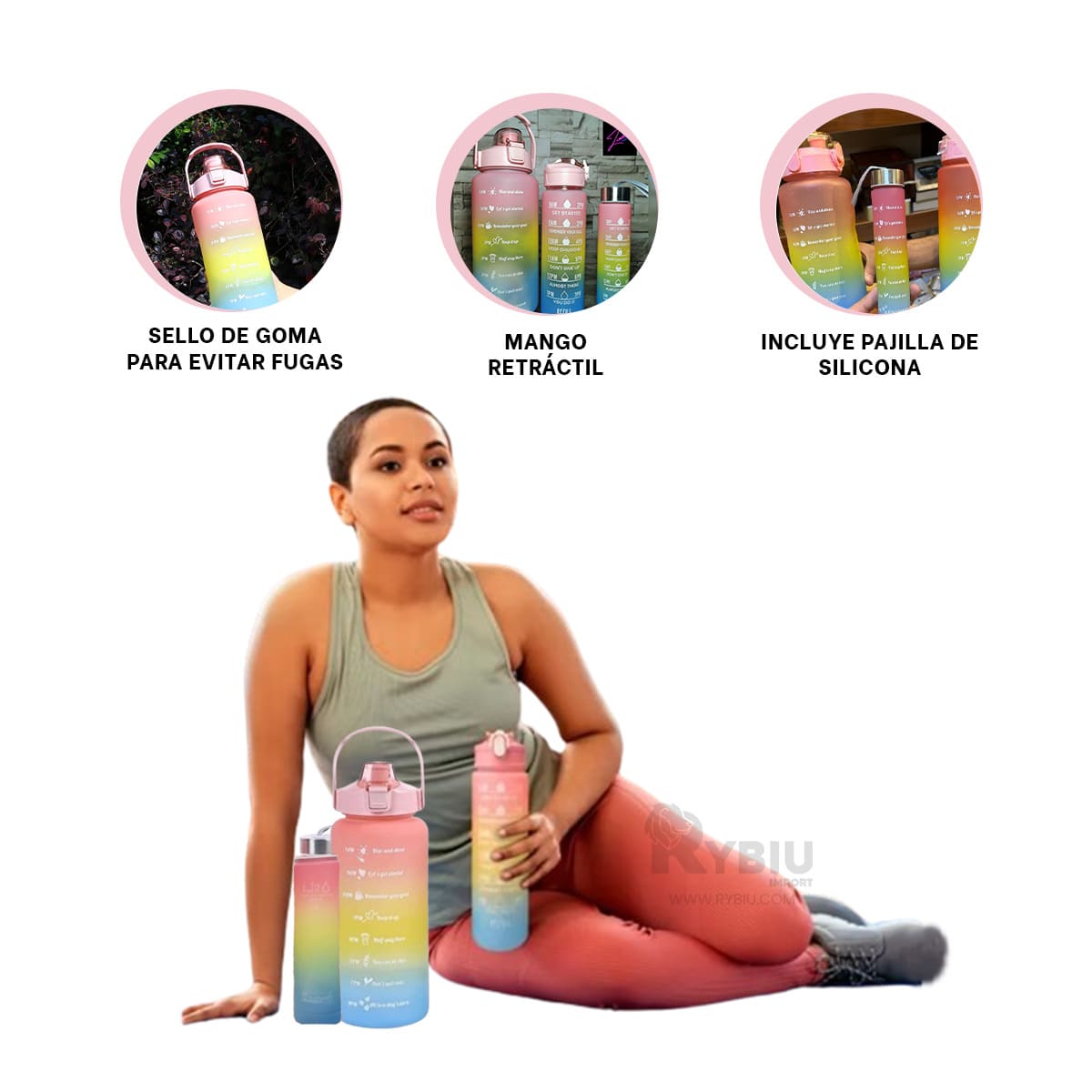BOTELLA RYBIU CO29585 TRIO GYM TAPA ROSADA + REGALO LIGAS PEINAR - 2