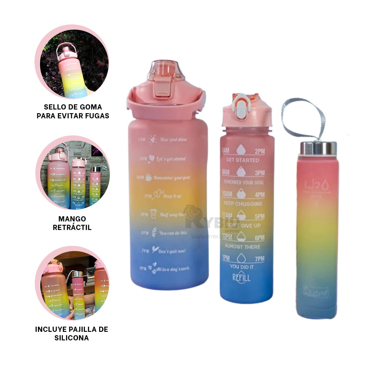 BOTELLA RYBIU CO29585 TRIO GYM TAPA ROSADA + REGALO LIGAS PEINAR - 4