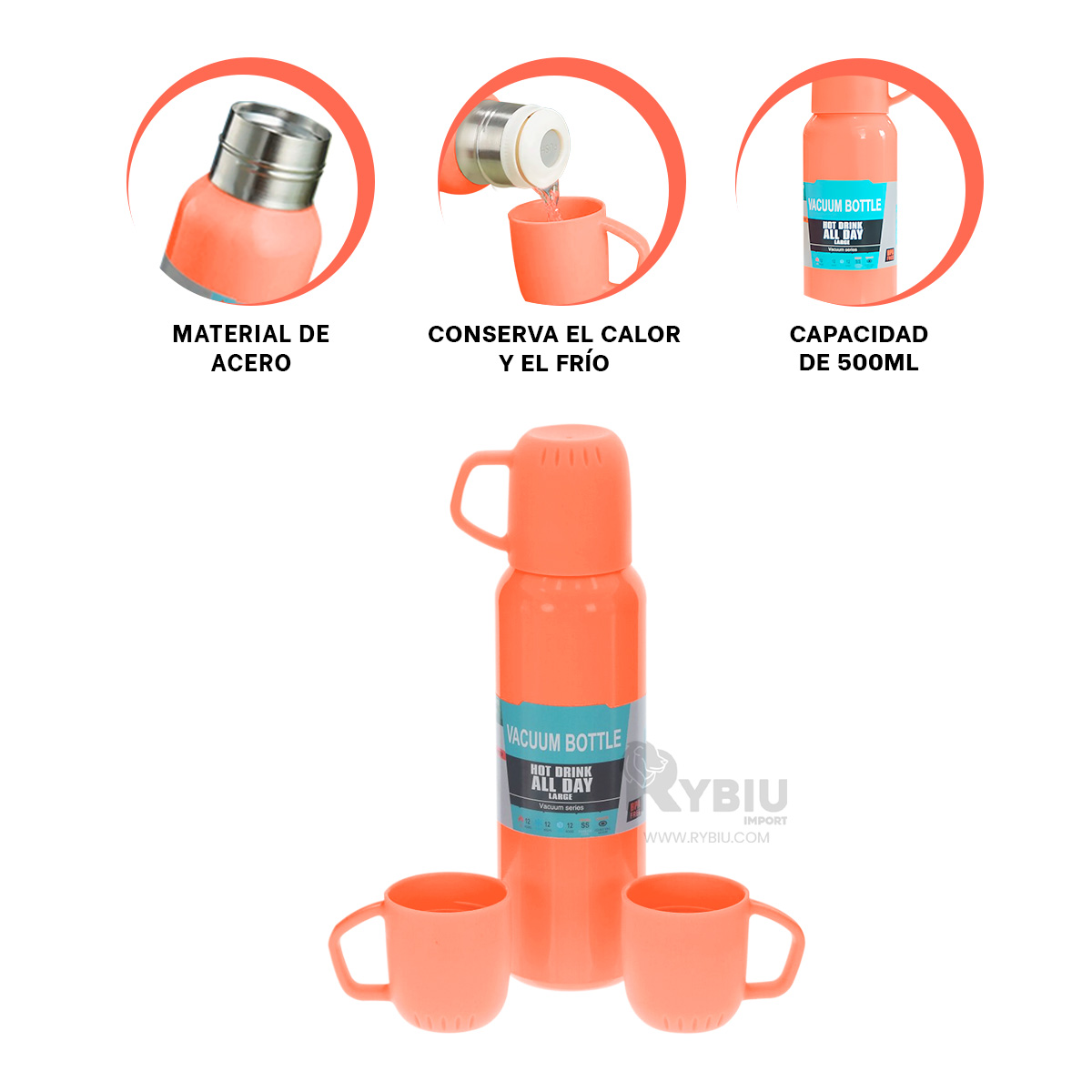 TERMO RYBIU CO32129 ACERO PERDURABLE NARANJA 500ML + PAPEL REGALO - 2