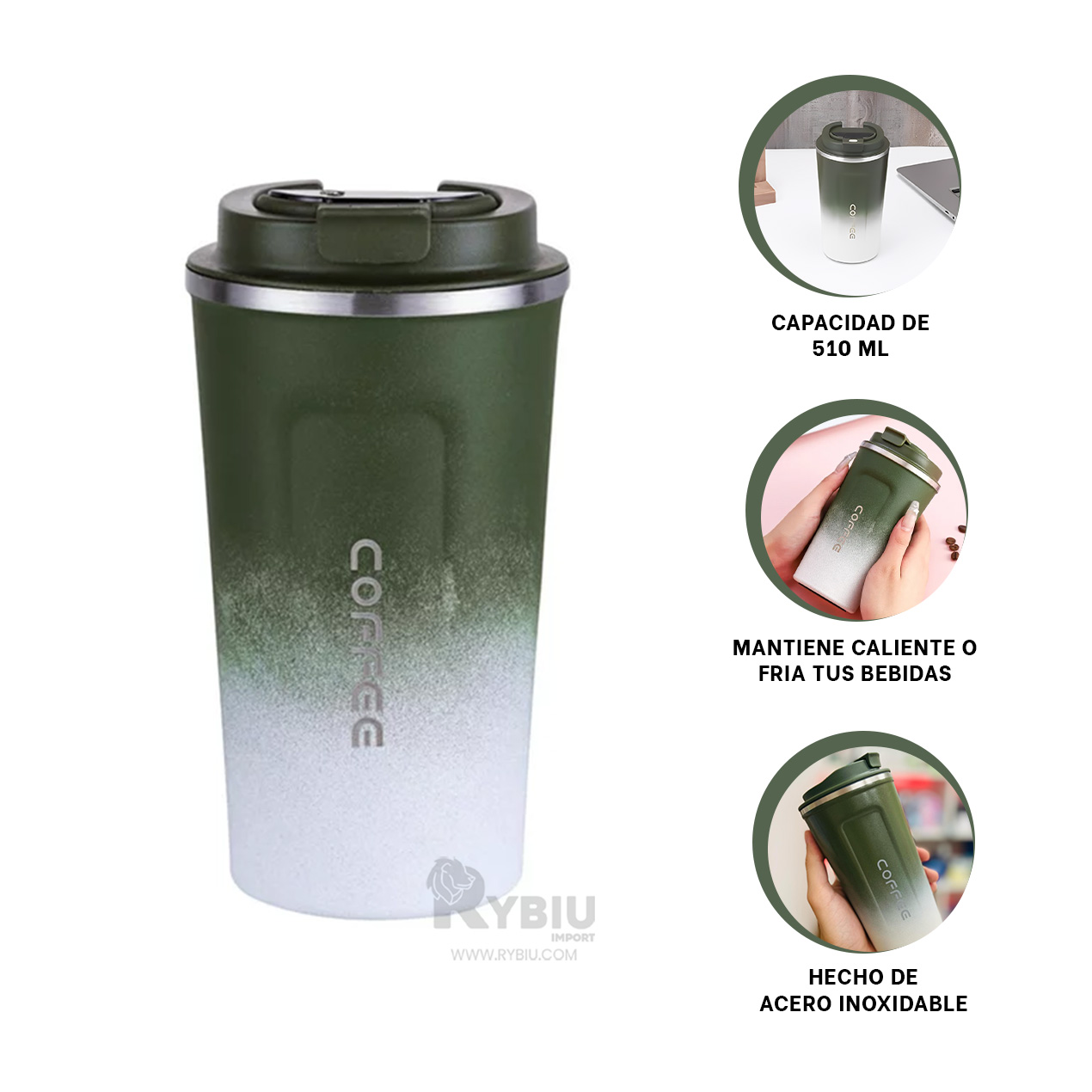 TAZA PARA VIAJES RYBIU VERDE CON BLANCO +REGALO STICKERS - 3