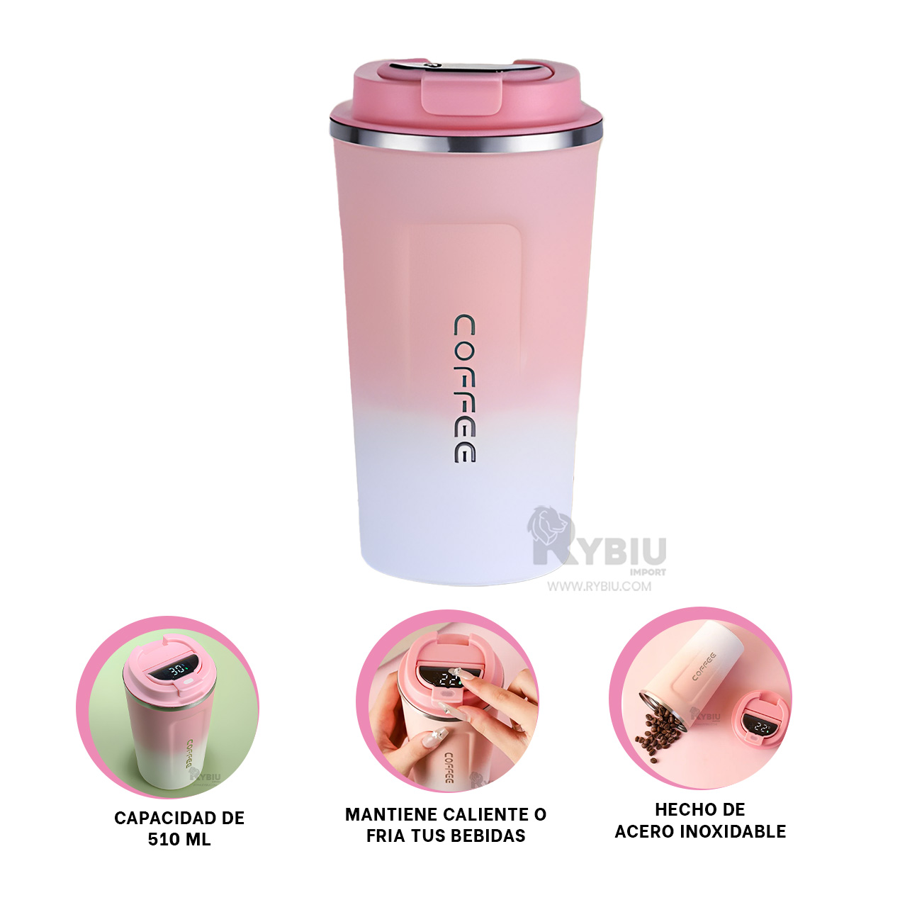 TAZA TERMO FUNCIONAL RYBIU CO30262 ROSADO +ENVOLTORIO DE REGALO - 3