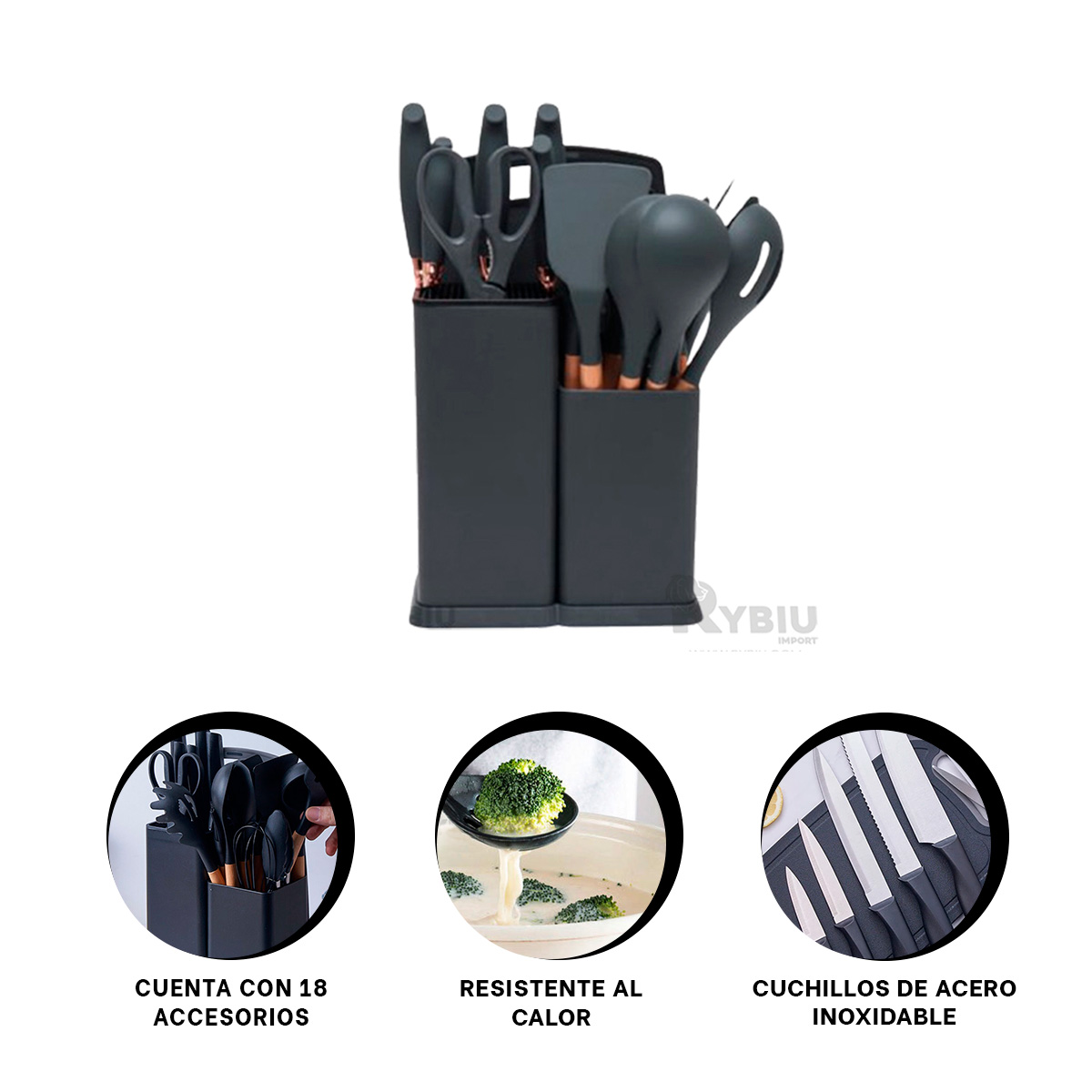 SET ACCESORIOS COCINA RYBIU CO29820 NEGRO CUBIERTOS FUNCIONAL + PAPEL REGALO - 3