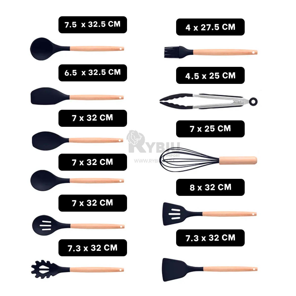 SET ACCESORIOS COCINA RYBIU CO29820 NEGRO CUBIERTOS FUNCIONAL + PAPEL REGALO - 5
