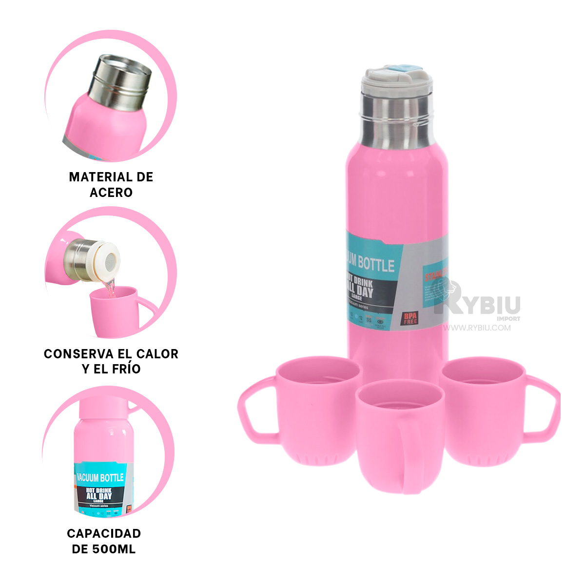 TERMO RYBIU CO32128 ACERO PERDURABLE ROSADO 500ML + PAPEL REGALO - 2