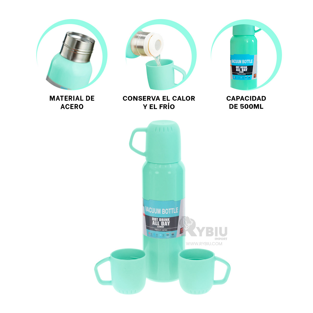 TERMO RYBIU CO32127 ACERO PERDURABLE VERDE 500ML + PAPEL REGALO - 2